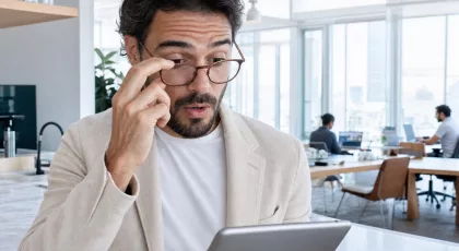 Professionnel marketing découvrant le cap du milliard d'utilisateurs ChatGPT sur sa tablette dans un espace co-working lumineux