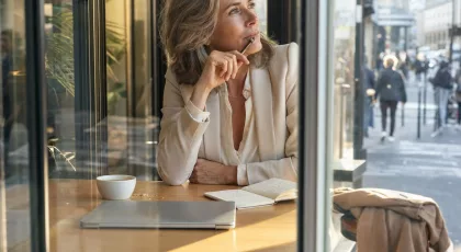 Femme pensive dans un café, carnet ouvert