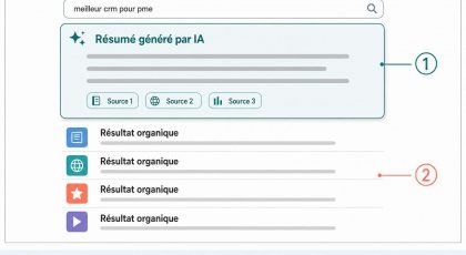 Mockup de résultats de recherche avec un bloc Résumé généré par IA au-dessus des résultats organiques classiques