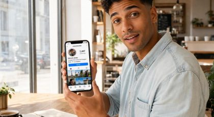 Homme montrant profil Instagram sur smartphone en café