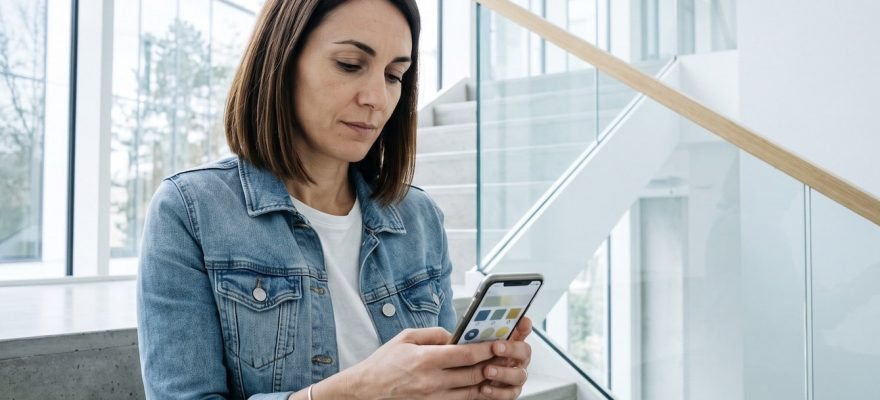 Femme consultant son smartphone dans un escalier moderne