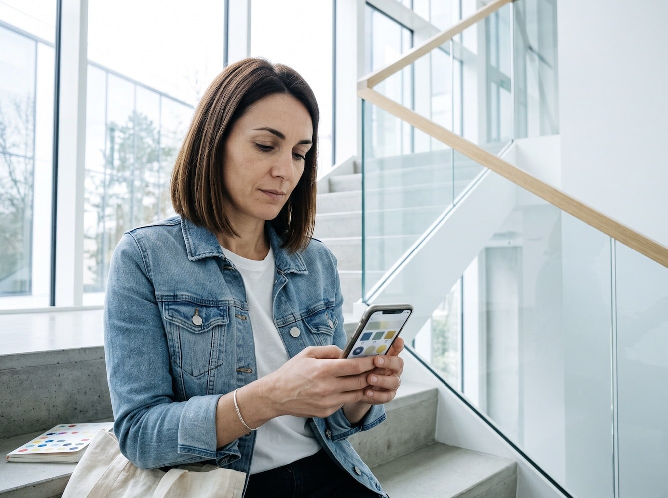 Femme consultant son smartphone dans un escalier moderne